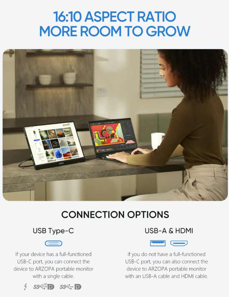 Arzopa Z1RC 2.5K Portable Monitor | Brilliant QHD 500nits 8bit Display