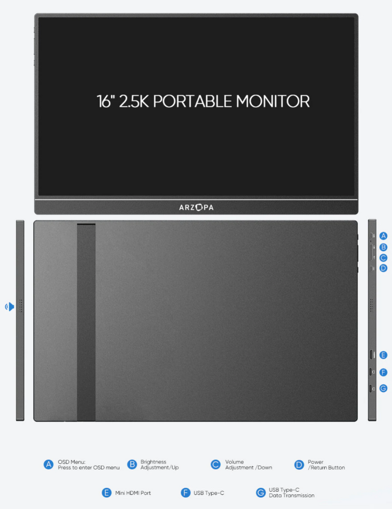 Arzopa Z1RC 2.5K Portable Monitor | Brilliant QHD 500nits 8bit Display